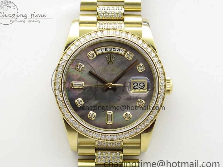0503 Day-Date 36mm 128235 YG Crystal BP Best Edition Gray MOP Crystal Marker Dial on YG President Bracelet A MultiPurpose 2675